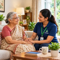 Friendly helper assisting an elderly person at home