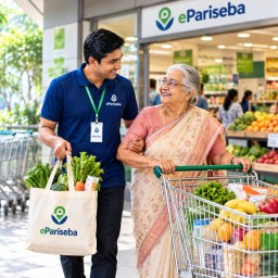 Helper delivering shopping to an elderly person